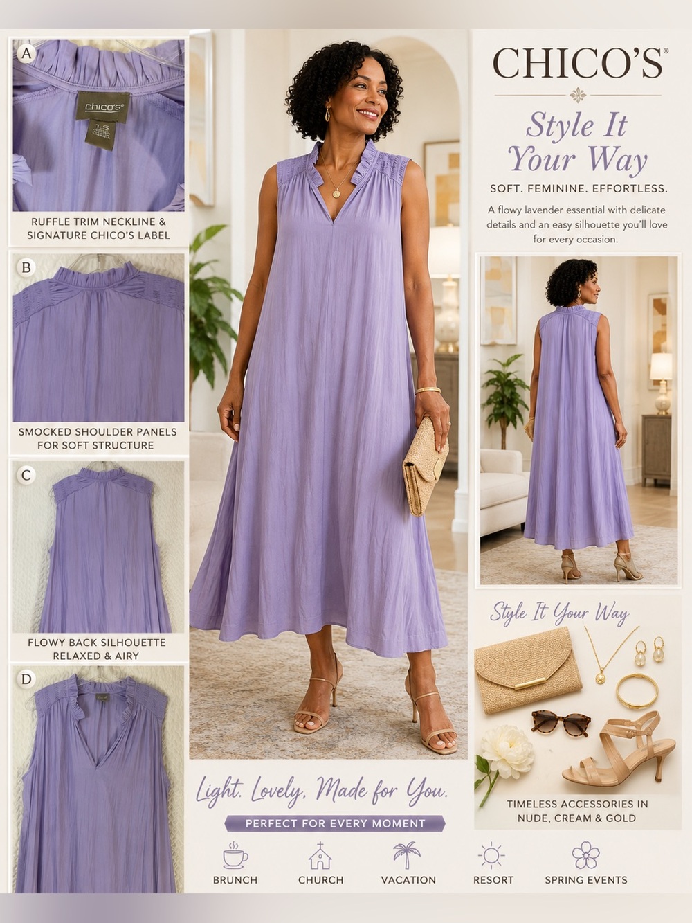 Chico’s Lavender Lilac Ruffle Neck Sleeveless Midi Maxi Dress Size 1.5 / 10